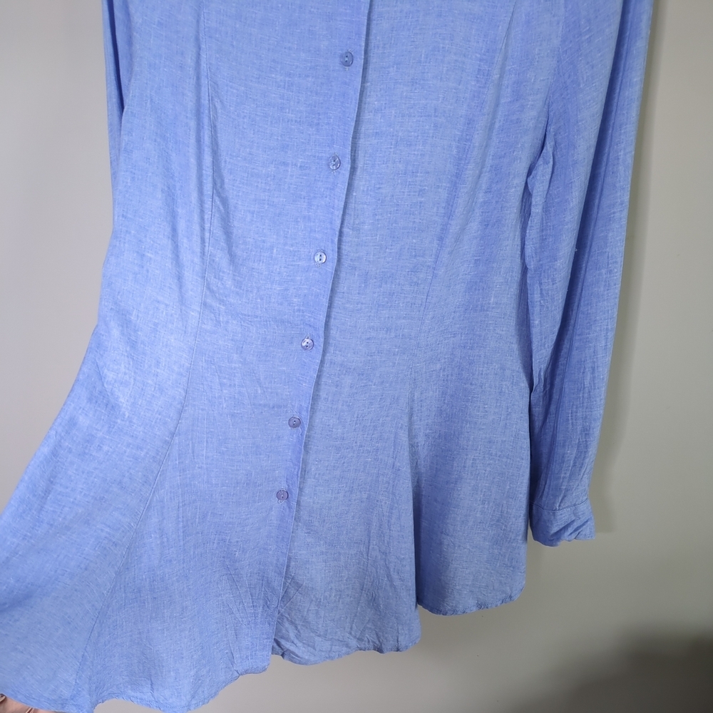Patrizia Luca Milano Blue Chambray Button‑Up Top Linen Blend Sz M Flared Hem - Picture 4 of 8